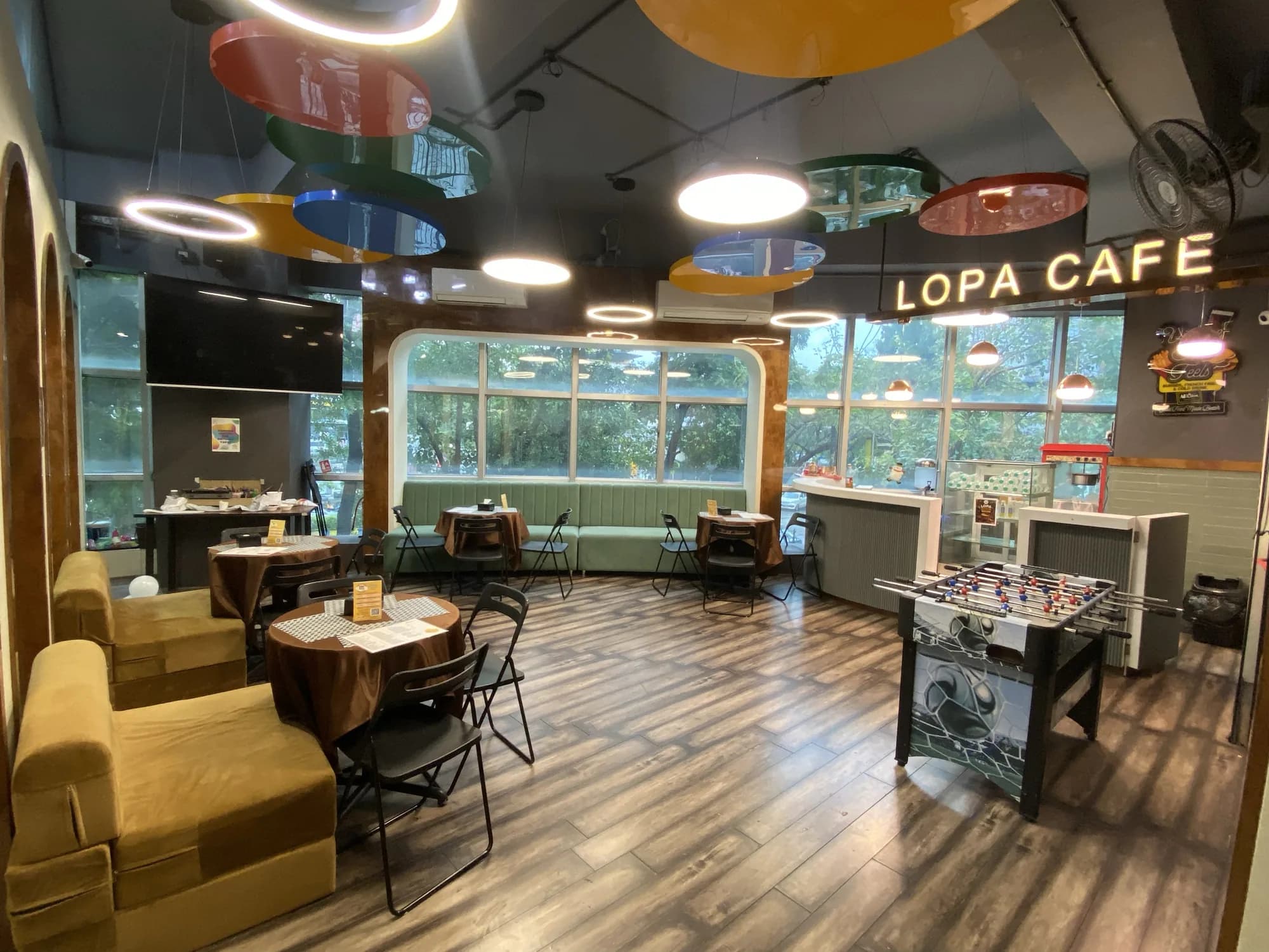 Bright seating inside Lopa Cafe